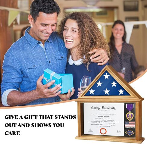 Solid Wood Flag Certificate Display Case Box with HD Tempered Glass Fit Small Folded 3'x5' American Flag(Not for 9.5'x5' Burial Flag), Veteran Military Shadow Box Felt Lining for Badge Medal, Mahogany in Kuwait