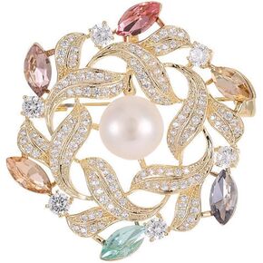 14K Gold Vintage Crystal Moissanite and Pearl Wreath Brooch - Elegant Coat Pin, Perfect for Formal Occasions