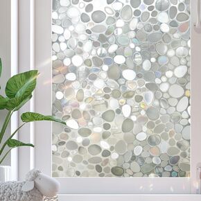 Window Privacy Film, Stained Glass Window Films, 3D Pebble Rainbow Window Cling Decorative Window Decals, Sun Blocking Window Stickers Static Cling Door Window Covering (17.5" x 78.7")