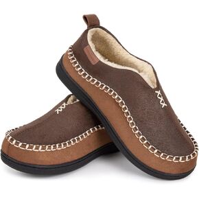 EverFoams Men's Moccasin Slippers Memory Foam Indoor/Outdoor Warm Suede House Shoes with Fuzzy Sherpa Lining