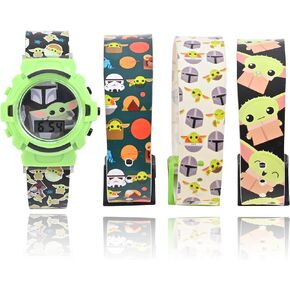 Accutime Lucasfilm Star Wars Baby Yoda Kids Digital Watch - LED Flashing Light, LCD Watch Display, 4 in 1 Interchangeable Plastic Straps