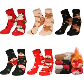 Hopply 5 Pairs Men Fuzzy Soft Wool Socks Xmas Print Design Cozy Warm Crew Socks Christmas Gift for Cold Weather