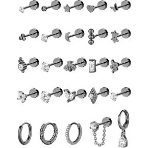 ADRAMATA Tiny Gold Flat Back Earrings for Cartilage Surgical Steel Stud Hoop Earrings Set for Multiple Piercing Star Moon Snake Butterfly CZ Chain Dangle Emerald Green Earrings Helix Piercing Jewelry Hypoallergenic 20G