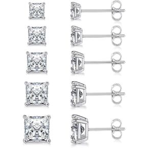 MDFUN 18K White Gold/Yellow Gold/Rose Gold Plated Princess Cut Square Clear Cubic Zirconia Stud Earring Pack of 5 Pairs