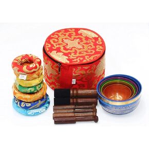 Tibetan Singing Bowl Set of 7 Om Mane Padme Hum High Sided with Carry Box | Bowls for Meditation and Yoga | Sound Therapy Instruments for Relaxation