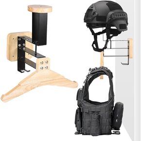 Motorcycle Helmet and Jacket Holder Wall Mount Tactical Gear Holder with Helmet Stand and Solid Wooden Hanger, Bicycle Helmet Rack Organizer Helmet Display for Police Football Cycling Gear
