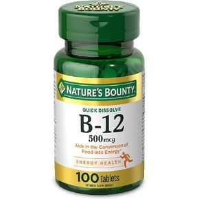 Nature's Bounty Vitamin B12, Supports Energy Metabolism and Nervous System Health, 500mcg, 100 Quick Dissolve Tablets
