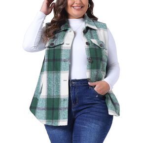 Agnes Orinda Plus Size Coat for Women Plaid Vest Coat Slash Pocket Sleeveless Button Down Jacket Outerwear