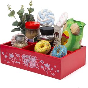 Christmas Hot Cocoa Bar - 12.6 IN Hot Chocolate Bar Cocoa Station With 2 Compartment for Storage Caddy Chocolate Coffee, Red Wood Storage Bins for Home Kitchen Office Farmhouse Decor WB008