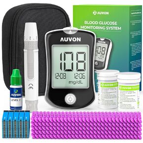 AUVON Blood Glucose Monitor Kit, 150 Glucometer Strips, 150 Lancets, 1 Blood Sugar Monitor, 1 Painless Lancing Device, 1 Control Solution, DS-W Blood Sugar Testing Kit with No Coding, Large Display