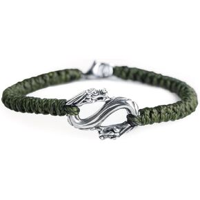 Infinity Dragon Realm 925 Sterling Silver Wax Cord Bracelet - Olive Green and Crystal Teal Blue - Dual Dragon Head Symbol - Waterproof, Durable, Stylish - Adjustable for 15-18CM Wrist - Gift Box Included