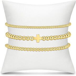 Gold Bracelets for Women - 18K Gold Beaded Bracelets Stack Strand Bead Ball Bracelet No Tarnish Stackable Jewelry Set for Mother's Day Christmas Birthday 6.8" | 7.25"