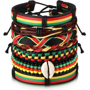 Sureio 7 Pcs African Beaded Bracelet Adjustable Jamaica Jewelry Multi Layer Ethnic Tribal Braided Bracelet Men Women (Stylish)