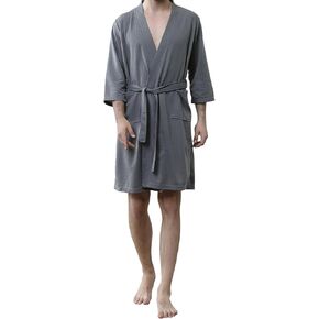 Men's Waffle Robe, Lightweight Knee Length Kimono Bathrobe, Nightgown Shower Robe for Spa