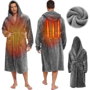 Heated Mens Robe Plush with Hood - Men's Warm Bathrobes with 3 Heating Modes Long Fleece Bathrobe for Winter