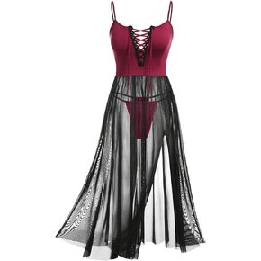 ROSE GAL Rosegal Womens Plus Size Lingerie Babydoll Lace-up Chemise Sheer Mesh Split Hem Nightwear Sexy Long Gown Nightdress in Kuwait