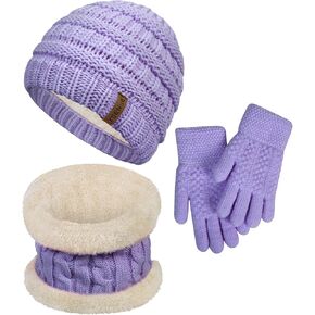 YSense 3 Pcs Kids Winter Beanie Hat Scarf Gloves Set Thick Knit Warm Fleece Fuzzy Lined Beanie Caps Mittens for Boys Girls