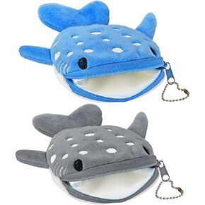 Whale Shark Coin Purse, 2 Pcs Plush Coin Pouch, Cute Kawaii Wallet with Zipper Keychain, Small Embroidered Fish Sea Animal Change Purse for Women
