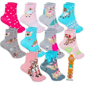 Rudolph the Red-Nosed Reindeer Socks for Girls - Bundle with 10 Pairs of Christmas Socks Plus Bookmark | Rudolph Socks Kids