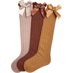 OYOANGLE Girl's 3 Pairs Knee High Socks Bow Cute Over Calf Kids Over knee Stockings