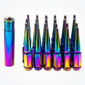 M14 x 1.5 Wheel Spike Lug Nuts 24Pcs Neo Chrome Solid 4.4" Tall Acorn Lug Nut with 1 Socket Key Replacement for Silverado 1500 2500 3500 for Ford F-150 F-250 F-350 etc.