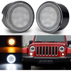 LED Turn Signal Lights Compatible with Wrangler JK JKU 2007-2018, White Halo as Daytime Running Lights,Yellow Honycomb LED as Turn Signal 2PCS (Smoked Lens)