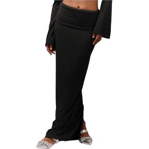 Milumia Women's Fold Over Knitted Long Skirt Split Hem Skinny Maxi Skirts
