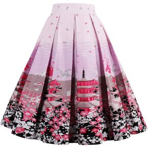Dressever Women's Vintage A-line Printed Pleated Flared Midi Skirts