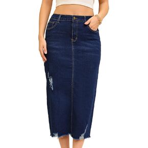 Women's Denim Skirt High Waisted Stretch Ripped Raw Hem Split Casual Midi Pencil Skirt Jean Skirts