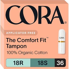 Cora 100% Organic Cotton Non-Applicator Tampons | Ultra-Absorbent, Unscented, Natural, Non-Toxic, Applicator Free | Eco-Conscious (54 R/S/S+ Tampons)