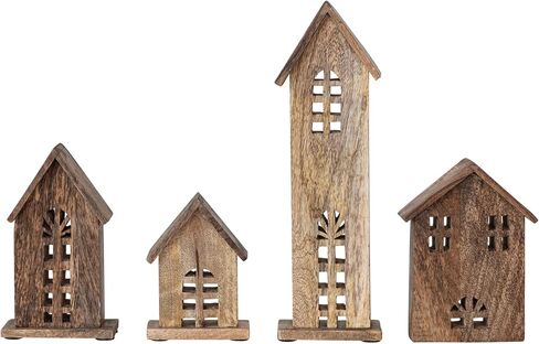 Creative Co-Op Decorative Carved Mango Wood Houses, Natural, Set of 4 in Saudi Arabia