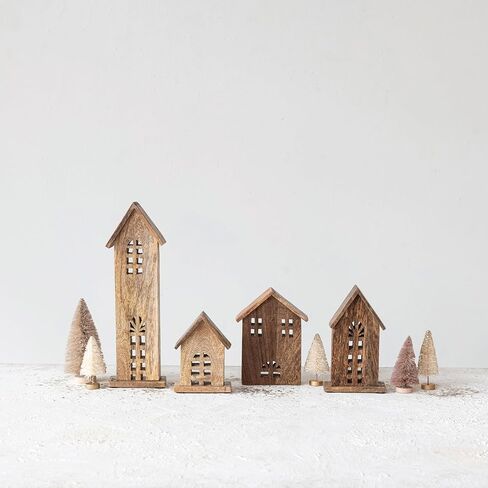 Creative Co-Op Decorative Carved Mango Wood Houses, Natural, Set of 4 in Saudi Arabia