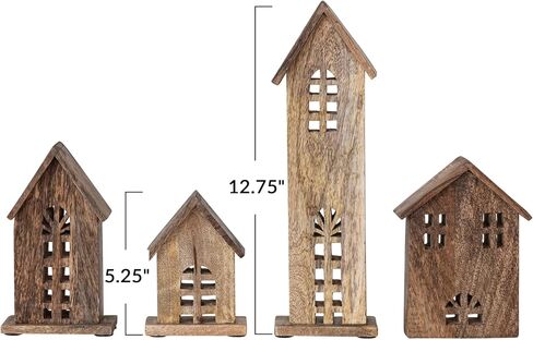 Creative Co-Op Decorative Carved Mango Wood Houses, Natural, Set of 4 in Saudi Arabia