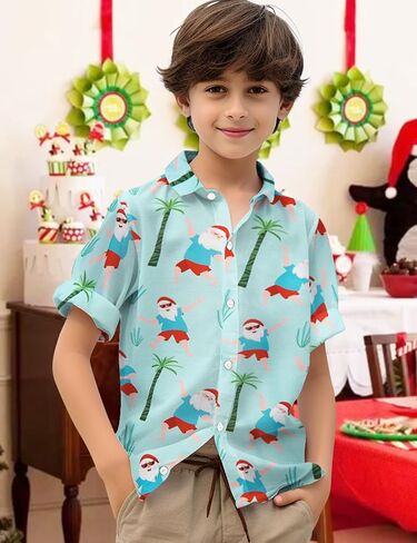 Yoimira Boys Christmas Shirt,Ugly Tropical Hawaiian Shirts for Kids Button Down Vacation Party Short Sleeve 7-14 Years in Kuwait