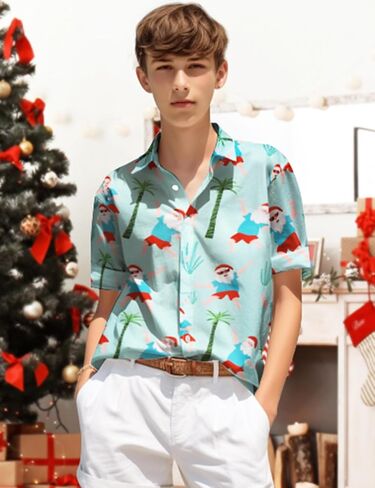 Yoimira Boys Christmas Shirt,Ugly Tropical Hawaiian Shirts for Kids Button Down Vacation Party Short Sleeve 7-14 Years in Kuwait