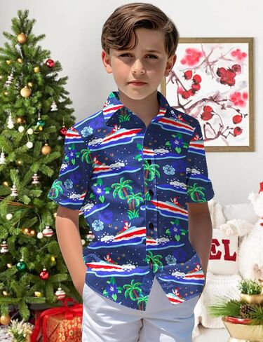Yoimira Boys Christmas Shirt,Ugly Tropical Hawaiian Shirts for Kids Button Down Vacation Party Short Sleeve 7-14 Years in Kuwait