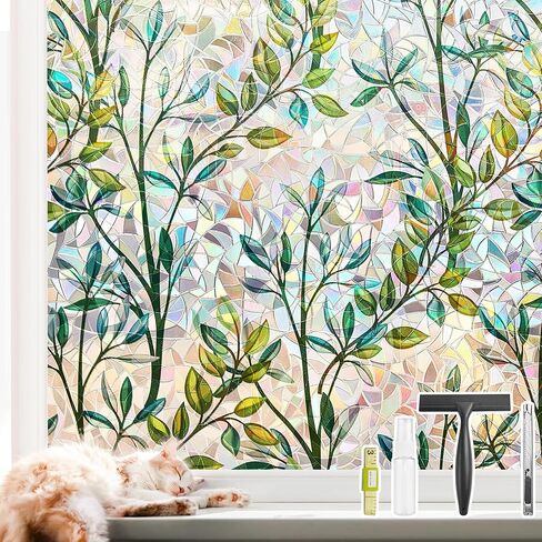 NINETREX Window Privacy Film Stained Glass Window Film 3D Decorative Window Cling,Sun Blocking Static Cling Removable Film for Glass Door,Home Decor Window Cover Non-Adhesive 17.5 x 78.7 inches,Leaf in Saudi Arabia