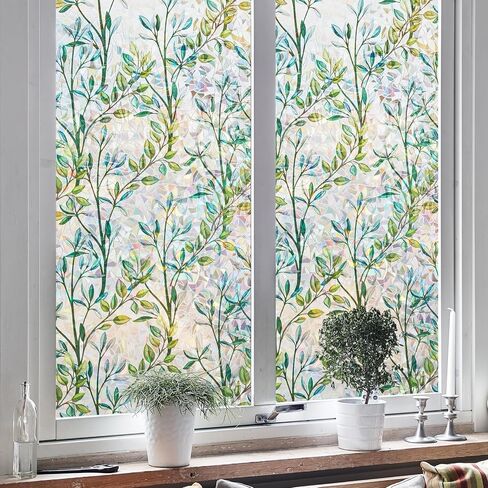 NINETREX Window Privacy Film Stained Glass Window Film 3D Decorative Window Cling,Sun Blocking Static Cling Removable Film for Glass Door,Home Decor Window Cover Non-Adhesive 17.5 x 78.7 inches,Leaf in Saudi Arabia