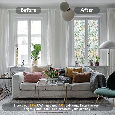 NINETREX Window Privacy Film Stained Glass Window Film 3D Decorative Window Cling,Sun Blocking Static Cling Removable Film for Glass Door,Home Decor Window Cover Non-Adhesive 17.5 x 78.7 inches,Leaf in Saudi Arabia