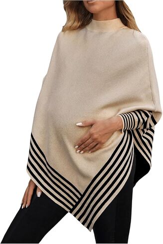 MakeMeChic Women's Maternity Sweater Striped Long Sleeve Mock Neck Pregnancy Poncho Pullover Cape in Saudi Arabia