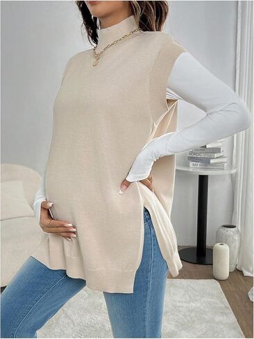 MakeMeChic Women's Maternity Sweater Vest Mock Neck Sleeveless Slit Hem Pregnancy Knit Sweater Tops in Saudi Arabia