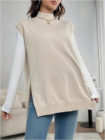 MakeMeChic Women's Maternity Sweater Vest Mock Neck Sleeveless Slit Hem Pregnancy Knit Sweater Tops in Saudi Arabia