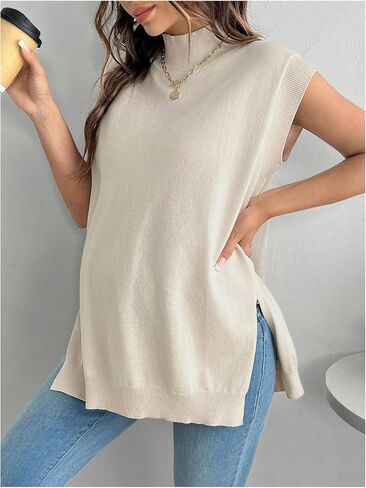 MakeMeChic Women's Maternity Sweater Vest Mock Neck Sleeveless Slit Hem Pregnancy Knit Sweater Tops in Saudi Arabia