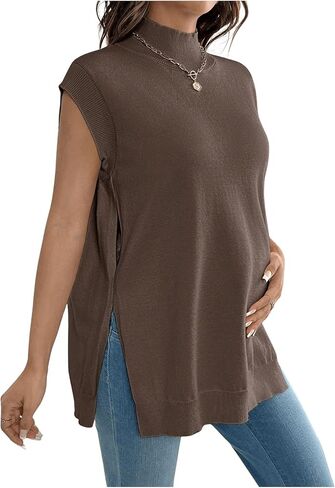 MakeMeChic Women's Maternity Sweater Vest Mock Neck Sleeveless Slit Hem Pregnancy Knit Sweater Tops in Saudi Arabia