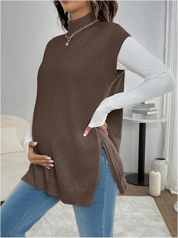 MakeMeChic Women's Maternity Sweater Vest Mock Neck Sleeveless Slit Hem Pregnancy Knit Sweater Tops in Saudi Arabia