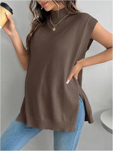 MakeMeChic Women's Maternity Sweater Vest Mock Neck Sleeveless Slit Hem Pregnancy Knit Sweater Tops in Saudi Arabia