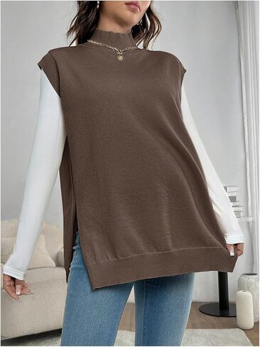 MakeMeChic Women's Maternity Sweater Vest Mock Neck Sleeveless Slit Hem Pregnancy Knit Sweater Tops in Saudi Arabia