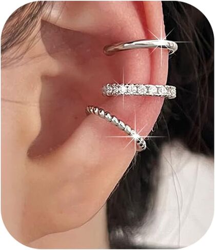 PANSHI Ear Cuff Silver Hoop Cuffs Earrings for Women Teen Trendy Non Piercing Hypoallergenic Cubic Zirconia Earrings Set Jewelry Gifts in Saudi Arabia