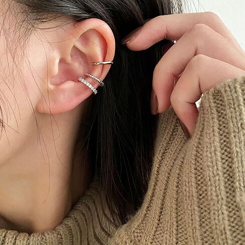 PANSHI Ear Cuff Silver Hoop Cuffs Earrings for Women Teen Trendy Non Piercing Hypoallergenic Cubic Zirconia Earrings Set Jewelry Gifts in Saudi Arabia