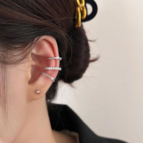 PANSHI Ear Cuff Silver Hoop Cuffs Earrings for Women Teen Trendy Non Piercing Hypoallergenic Cubic Zirconia Earrings Set Jewelry Gifts in Saudi Arabia